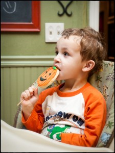 Enjoying a Halloween cookie given to him by our friend and neighbor Candy